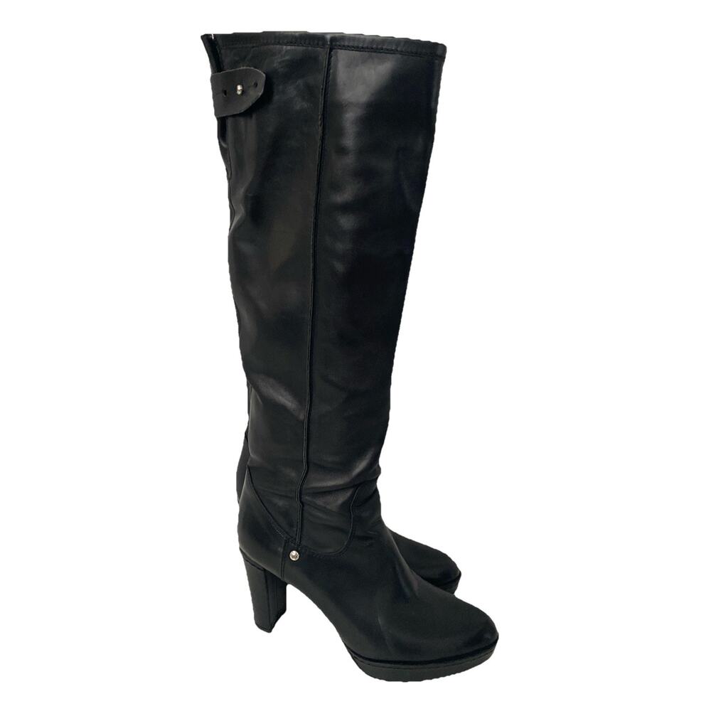 Stuart Weitzman Boot Tall Black Calf Leather Gentry Platform Block Heel 5.5 Pull